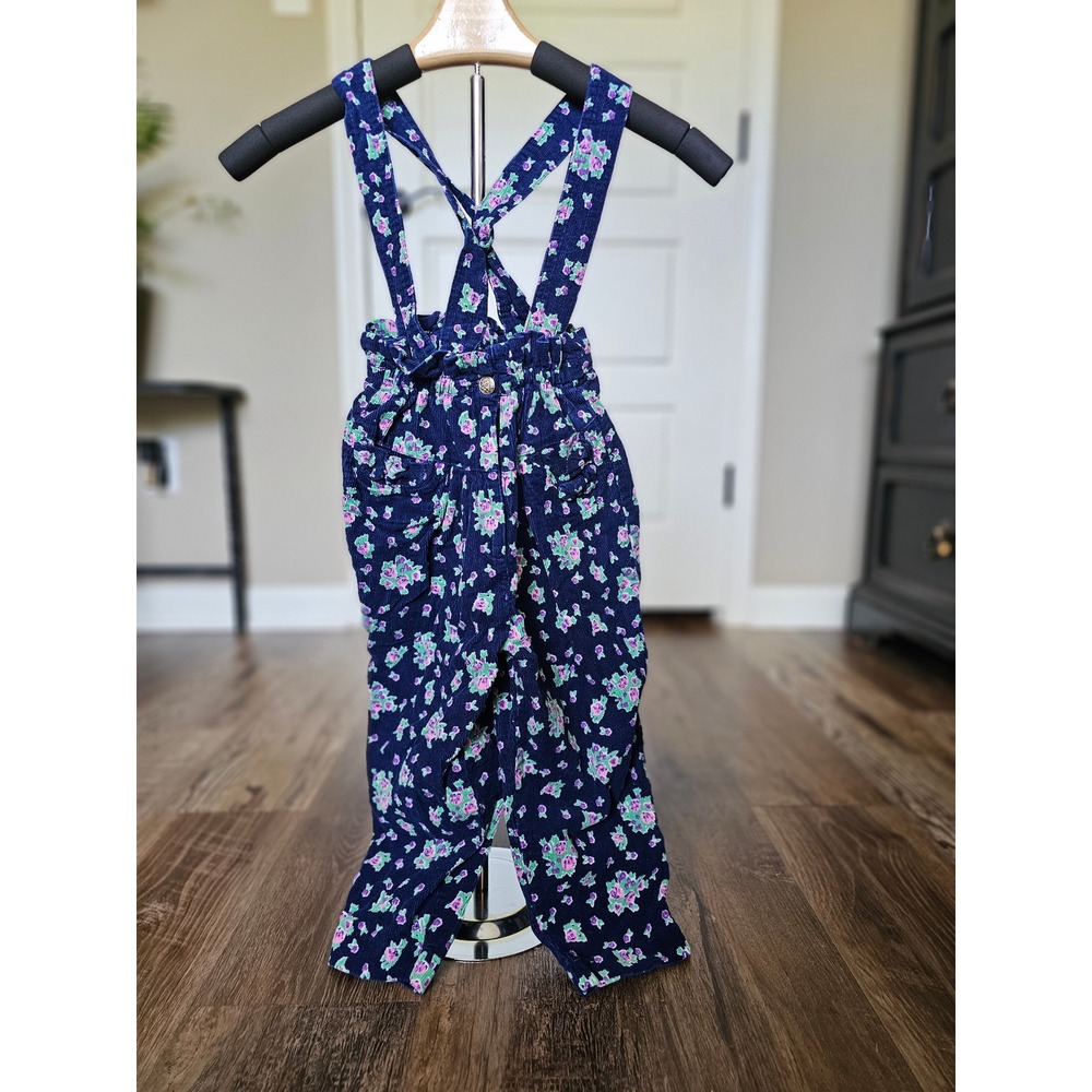 Popsicle Vintage Kids Corduroy Floral Overalls Navy Blue Pink Green Size 4